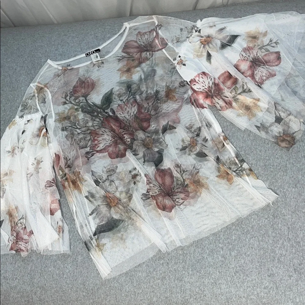 Fairy Floral Mesh Tunic Top Womens 3X Sheer Bell Sleeve Woodland Festival Beach - Picture 2 of 11